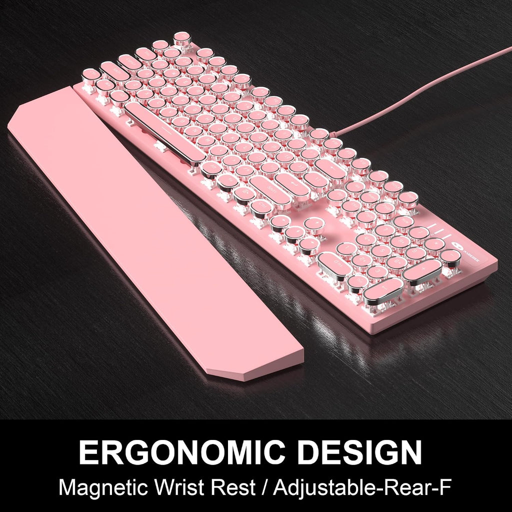 Retro Pink Typewriter-Style Keyboard and Mouse Combo, Cute Light Up Wired Mechanical Keyboard with Linear Red