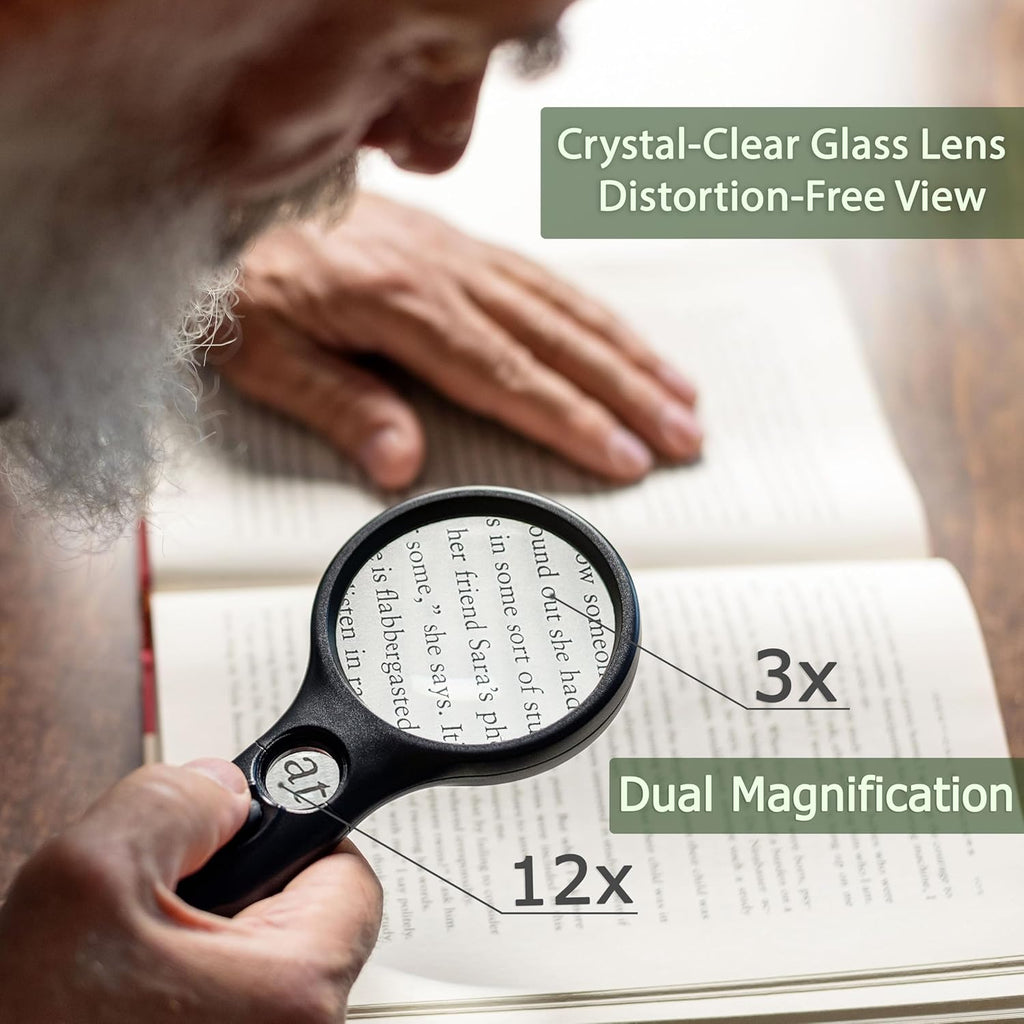Magnifying Glass with Light, 3X Large Lens + 12X High Power Lens, Lighted Magnifying Glass Handheld Reading Magnifier