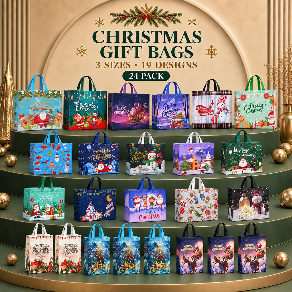 24 Pack Christmas Gift Bags Assorted Sizes Bulk with Handles