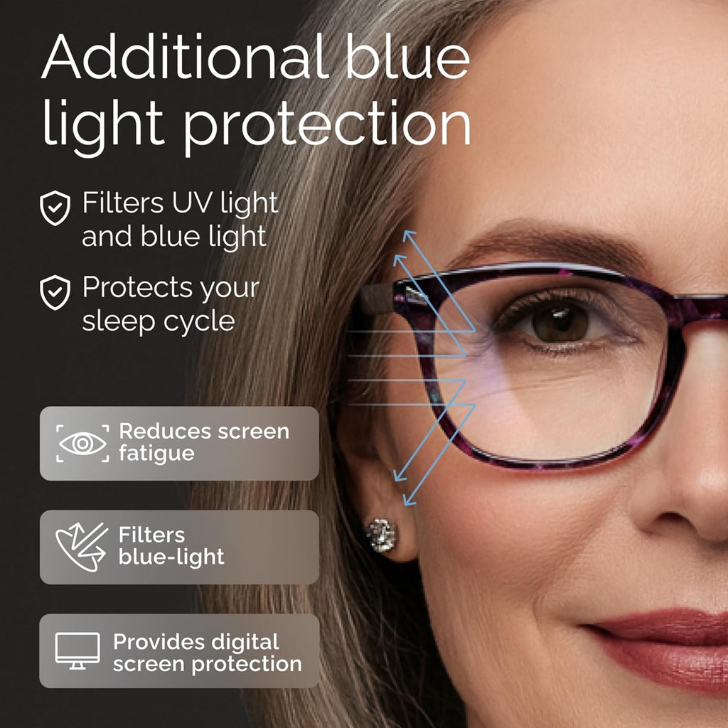 +2.0 Ladies Reading Glasses for Women Clear Vision – 5-Pack Blue Light Filtering Readers with Spring Hinges