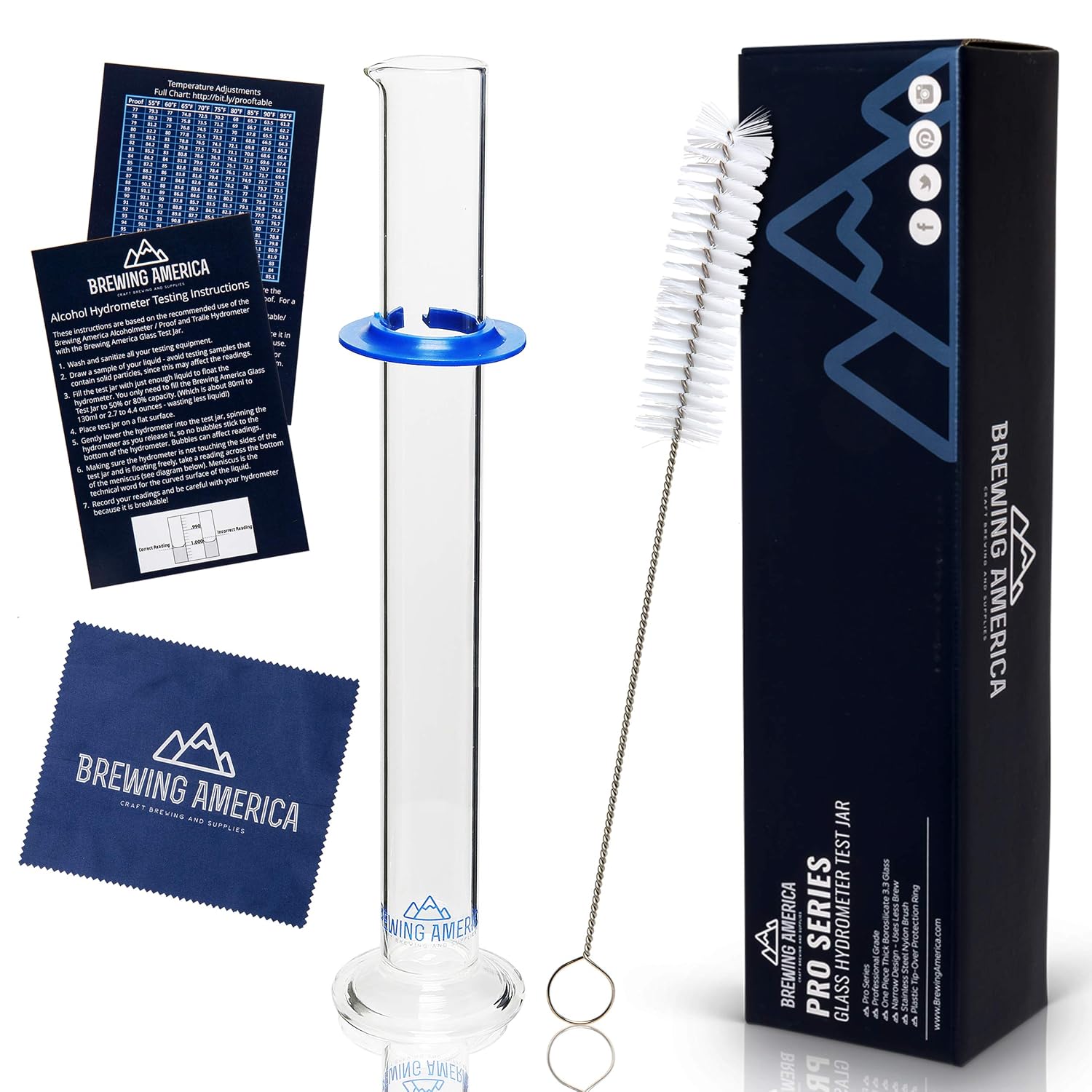 Glass Hydrometer Test Tube Jar & Cylinder Brush - Narrow Flask for Alcohol by Volume Test - Moonshine, Homebrew Beer