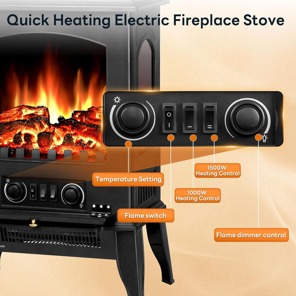 Electric Fireplace Stove with Dual Heat & Flame-Only Mode, 5100 BTU | 22 in, 1000W/1500W Settings for Fast Warmth