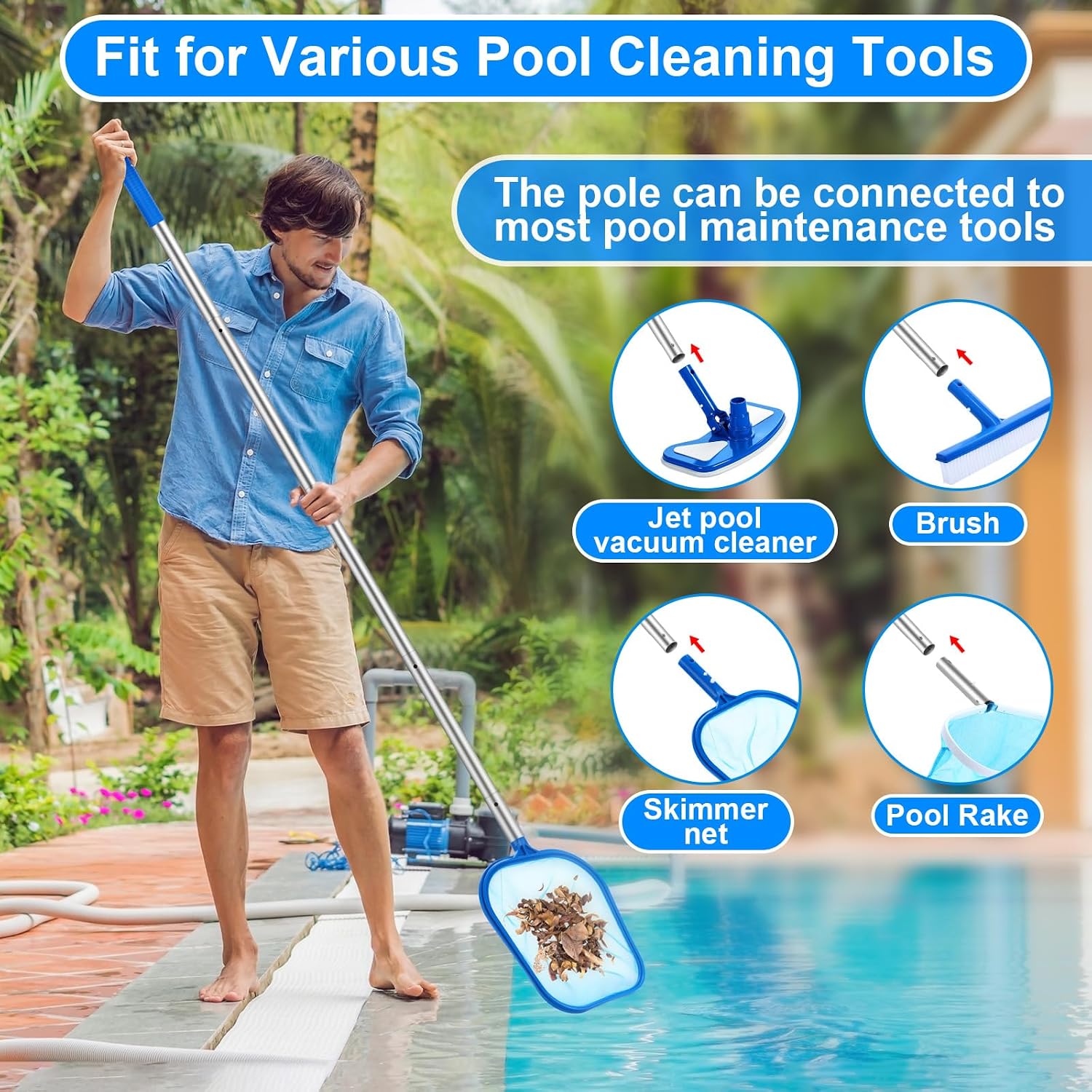 5 Pcs Pool Vacuum Cleaning Kit Includes Round Corner Pool Vacuum, 2 Skimmer Nets with 47" Adjustable Pole and 1 Brush