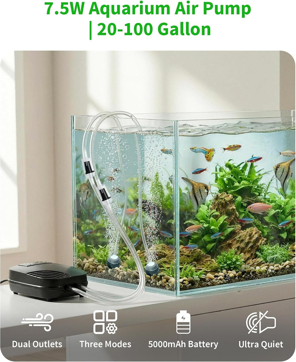 7.5W Aquarium Air Pump with Built-in 5000mAh Backup Battery, Dual Outlet Ultra Quiet Fish Tank Air Pump, 3 Modes