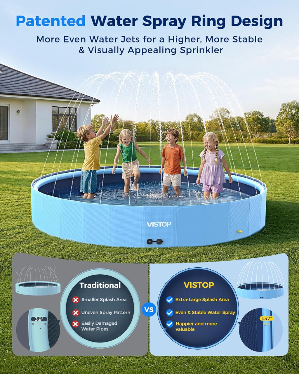 117" Extra Large Dog Pool with Sprinkler, Heavy Duty Foldable Hard Plastic Kiddie Pool, Non-Slip Collapsible Swimming