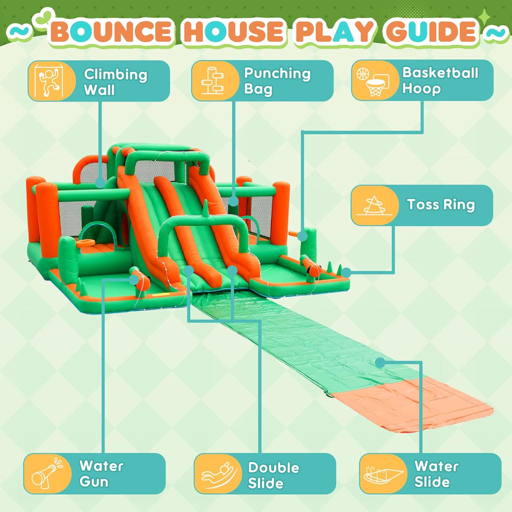 Inflatable Water Slide with 2 Bounce Houses, Mega 10-in-1 Water Park for Kids Backyard with Dual Racing Slides and 6m