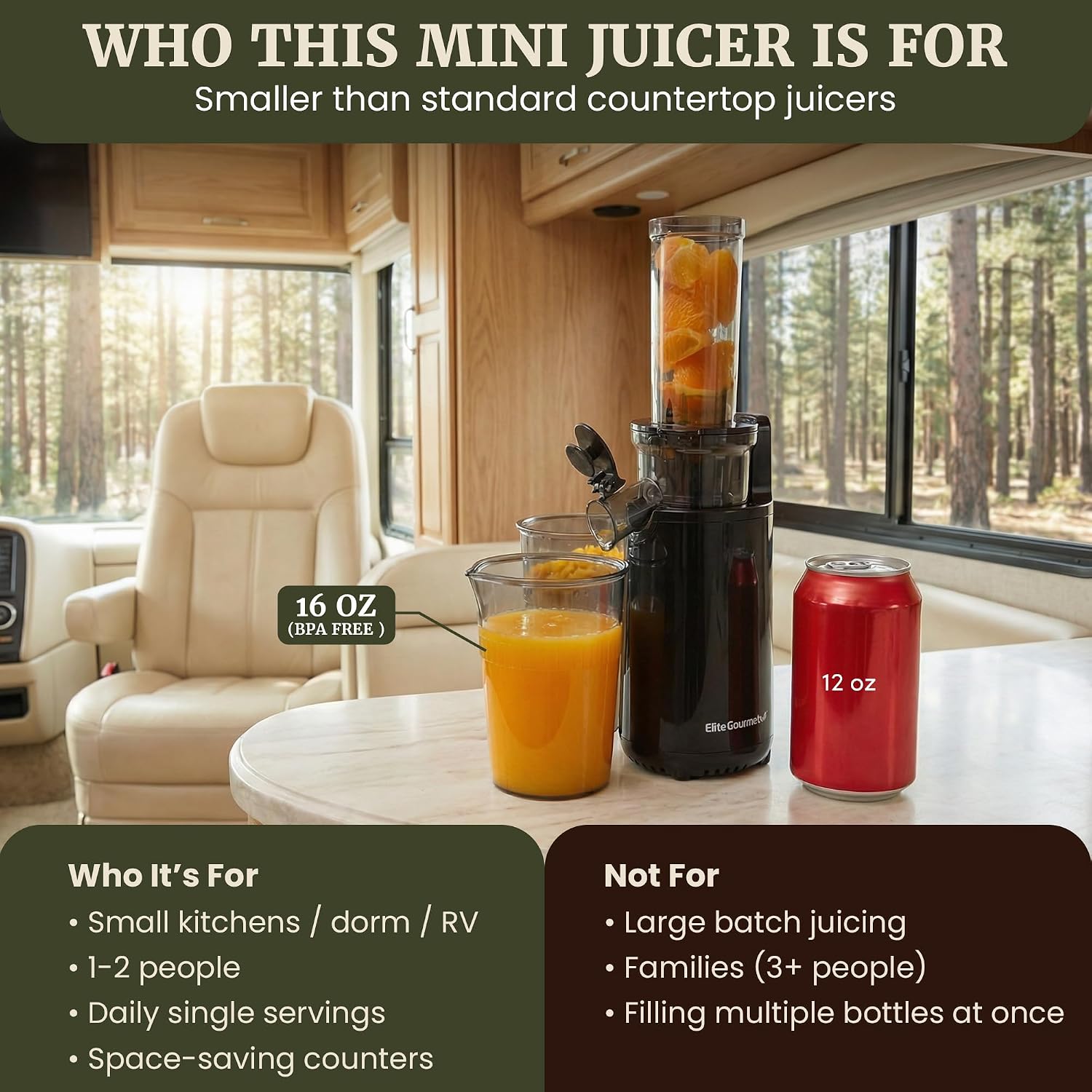 EJX600 BPA-Free Cold Press Juicer, 16 oz, Charcoal Grey | Mini space-saving masticating design retains nutrients &