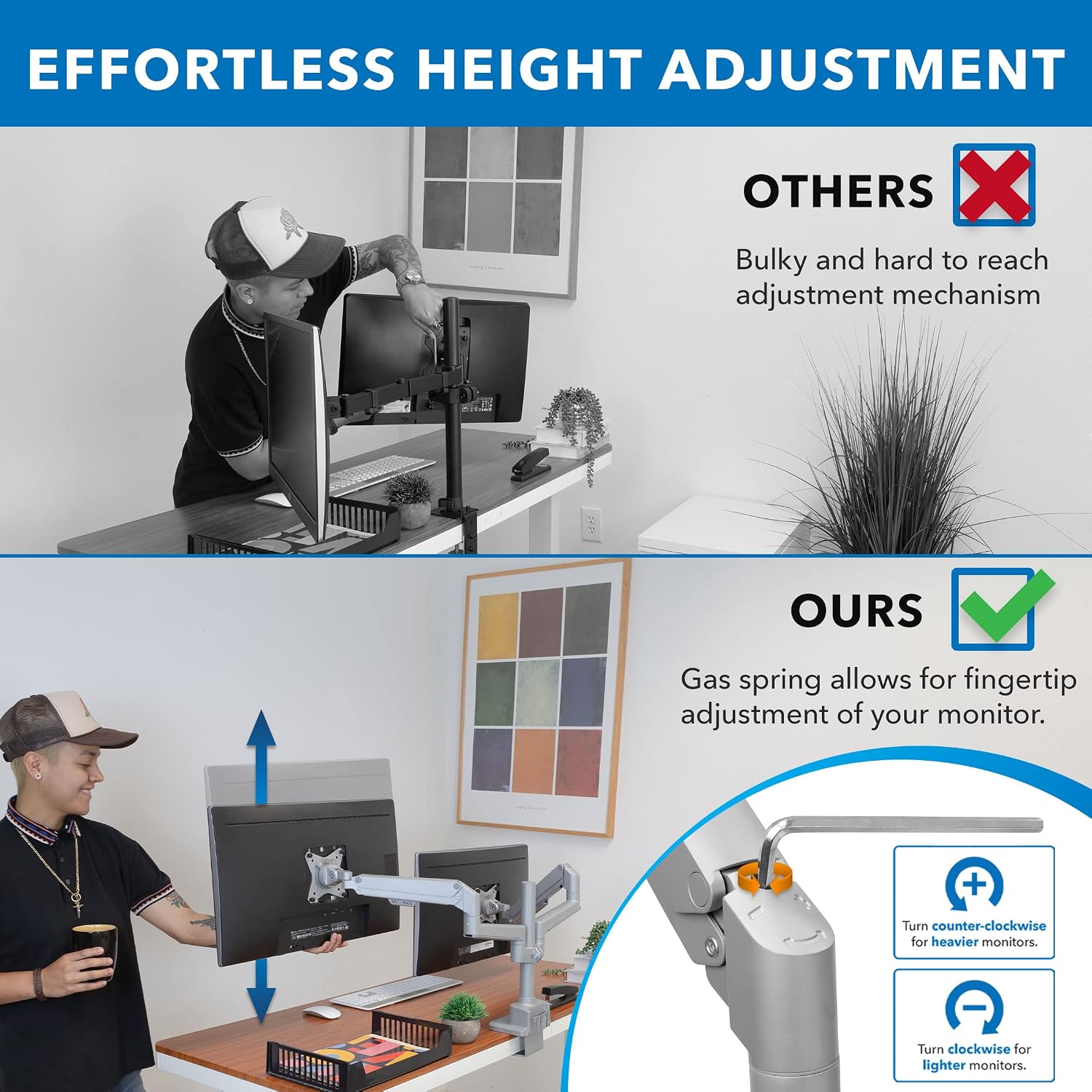 Dual Monitor Mount - Monitor Stands for 2 Monitors, Computer Arms on Desk Stand, Gas Spring Height Adjustable Desk