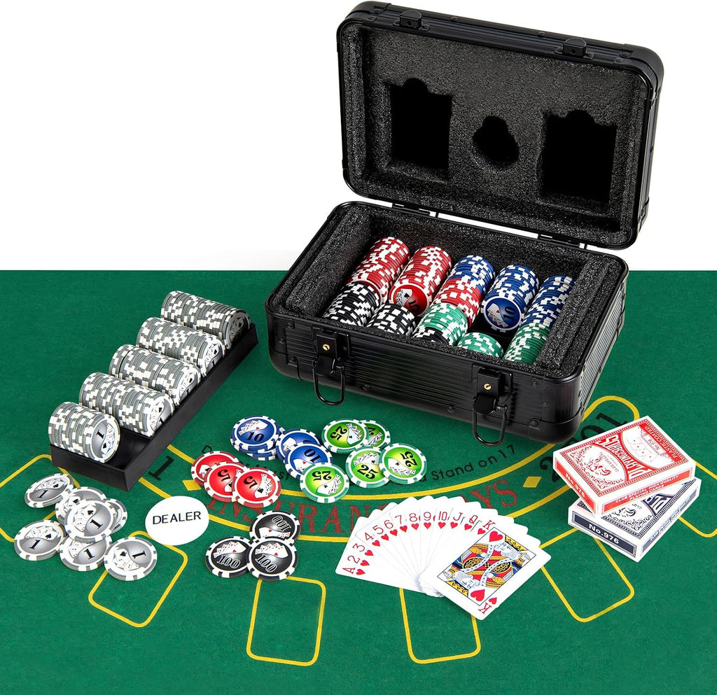 Poker Chip Set, 300 PCS Chips, 2 Decks Cards, Dealer Button, Poker Felt, Aluminum Case for Texas Holdem, Casino