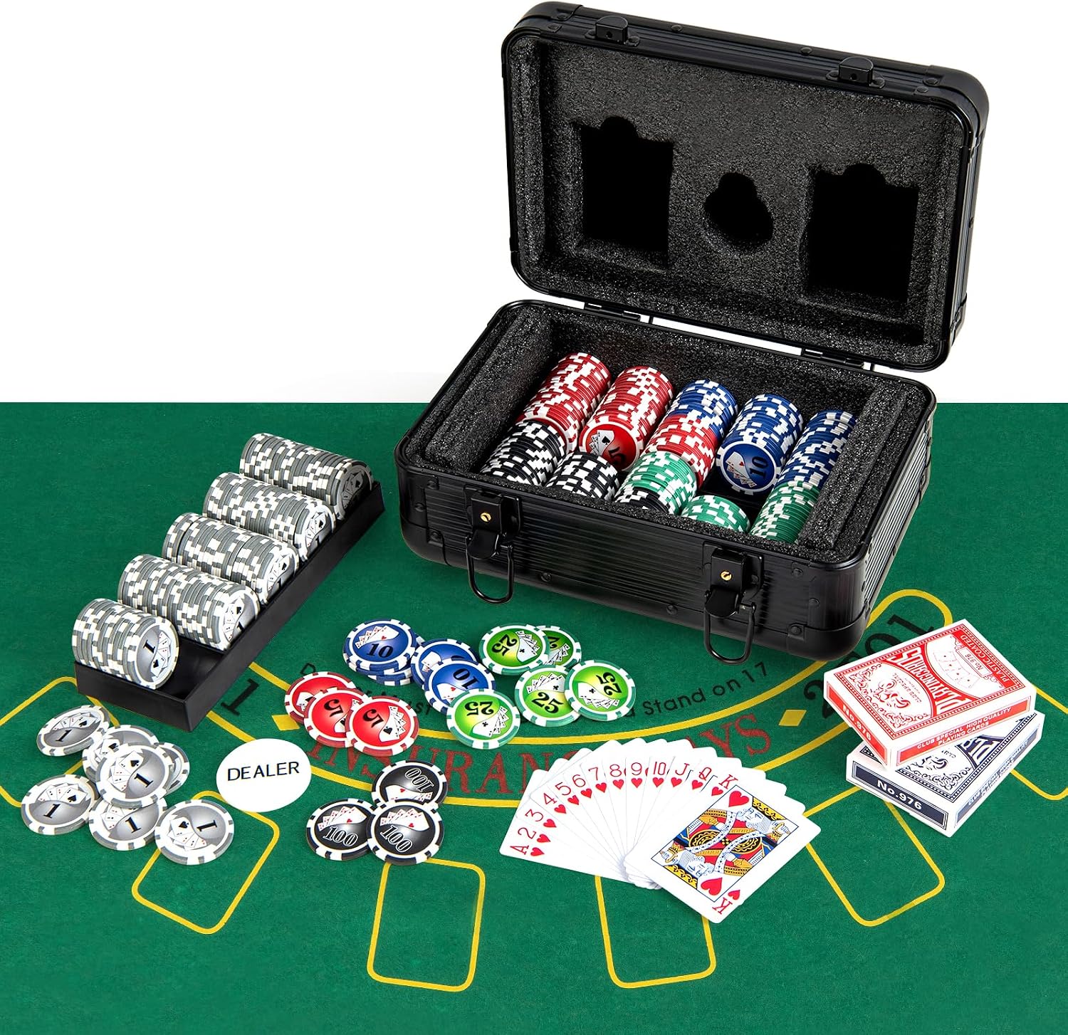 Poker Chip Set, 300 PCS Chips, 2 Decks Cards, Dealer Button, Poker Felt, Aluminum Case for Texas Holdem, Casino