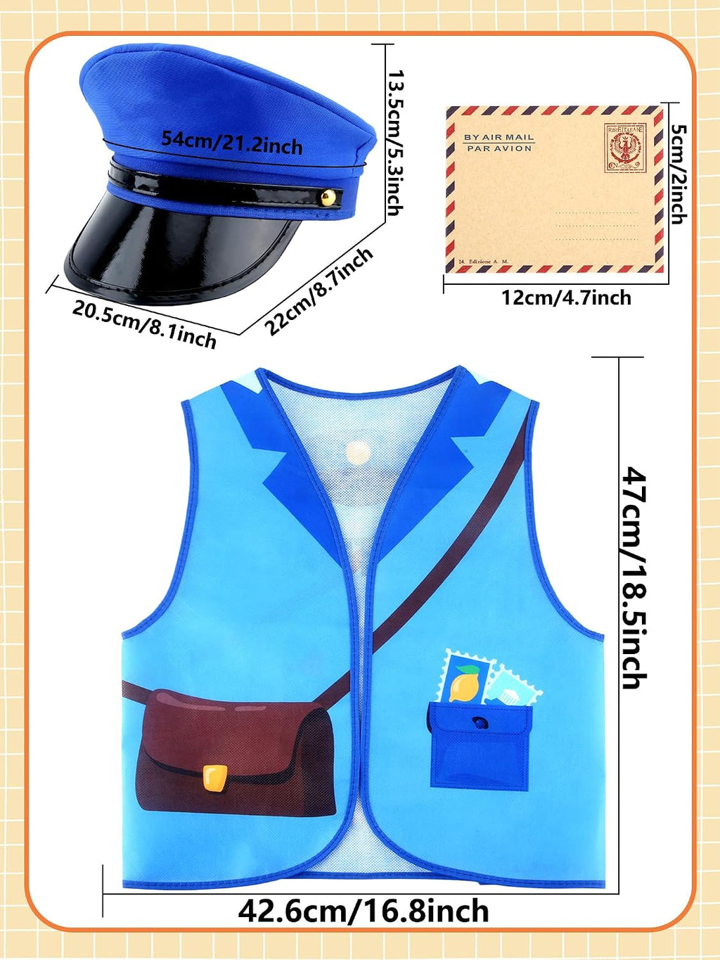 Kids Mailman Costume Set Postman Vest Hat Envelopes Mail Carrier Dress Up for Boys Girls Career Day Halloween Pretend