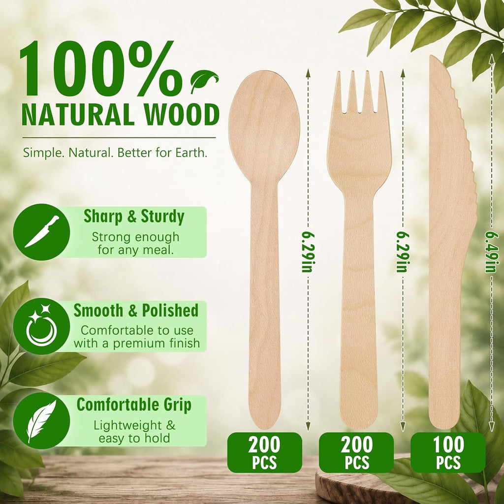 500Pc Wooden Utensil Set Compostable Cutlery Disposable Silverware