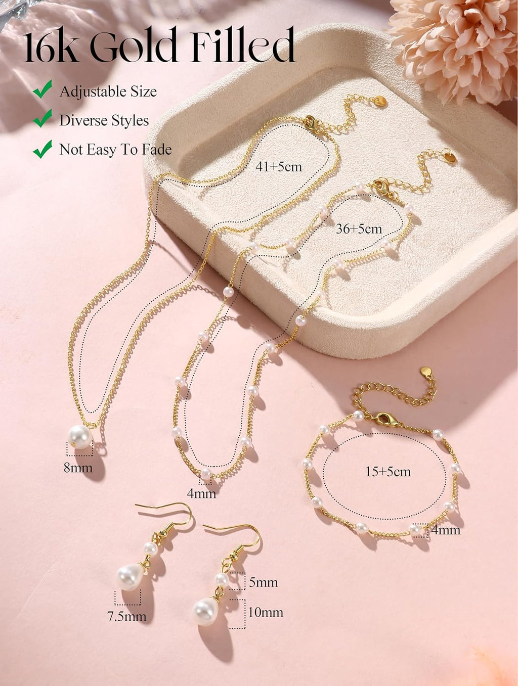 Gold Jewelry Set for Women - 16K Gold Plated Pearl Necklace and Earring Set With Drop Earrings,Charm Layered