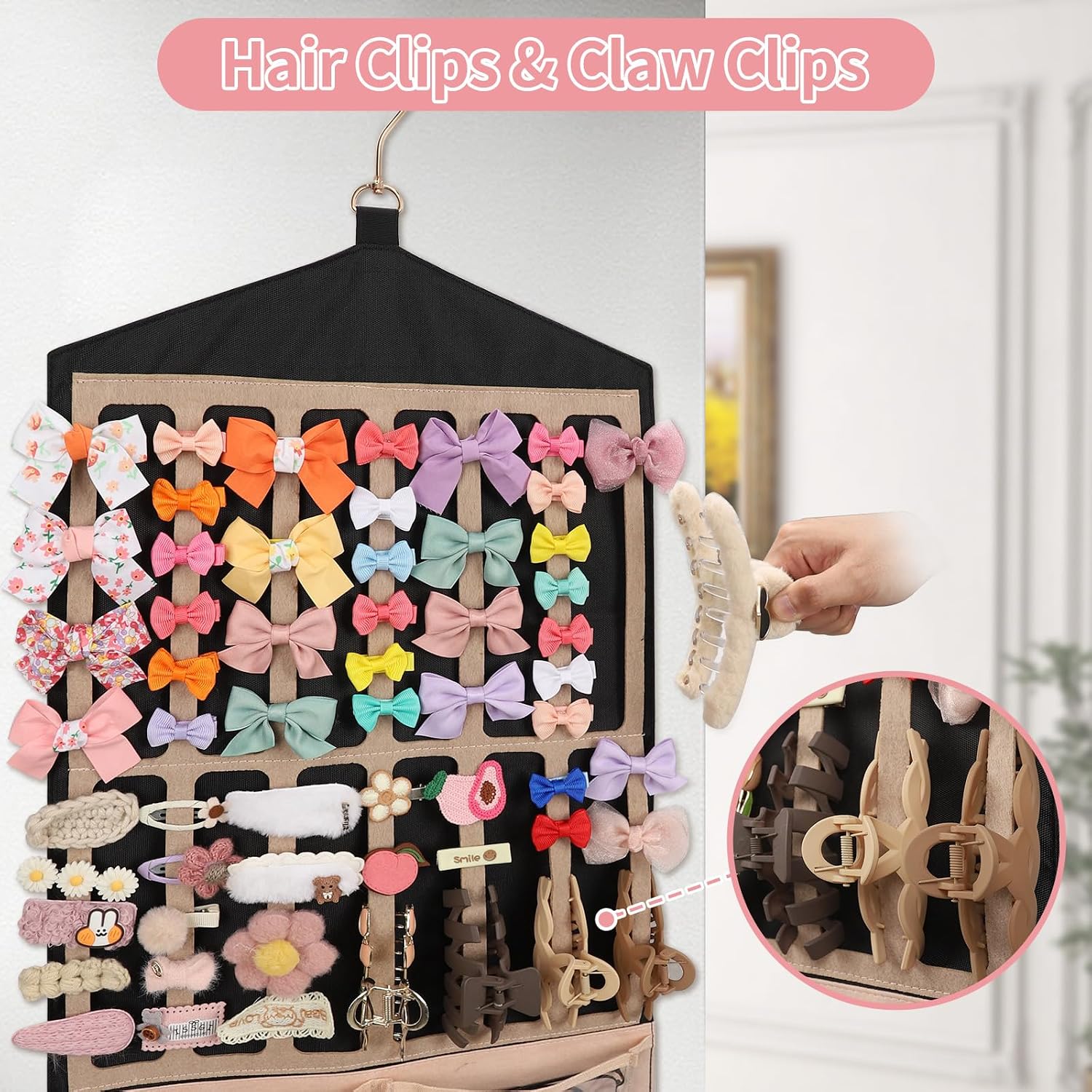 Hanging Claw Clip Organizer for Girls/Women with Hanger Metal Hooks, Claw Clip Organizer, Wall Hanging for Girl Room