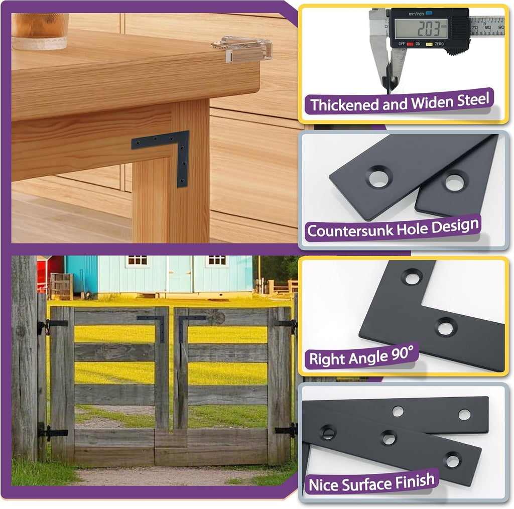 L Flat Brackets for Wood,Corner Bracket Mending Plate,Black,4 Pack