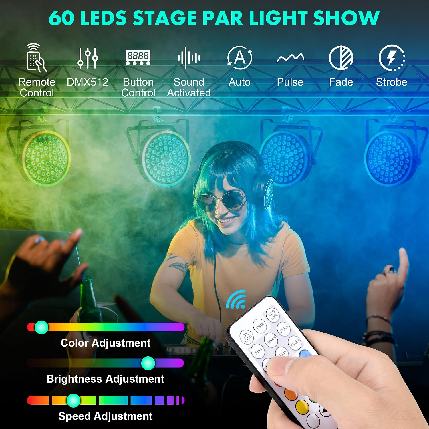 90W RGB Stage Par Lights with Ambient Light Strip - Dual Layer Halo Effect, DMX512 & Sound Activation, 60 LEDs