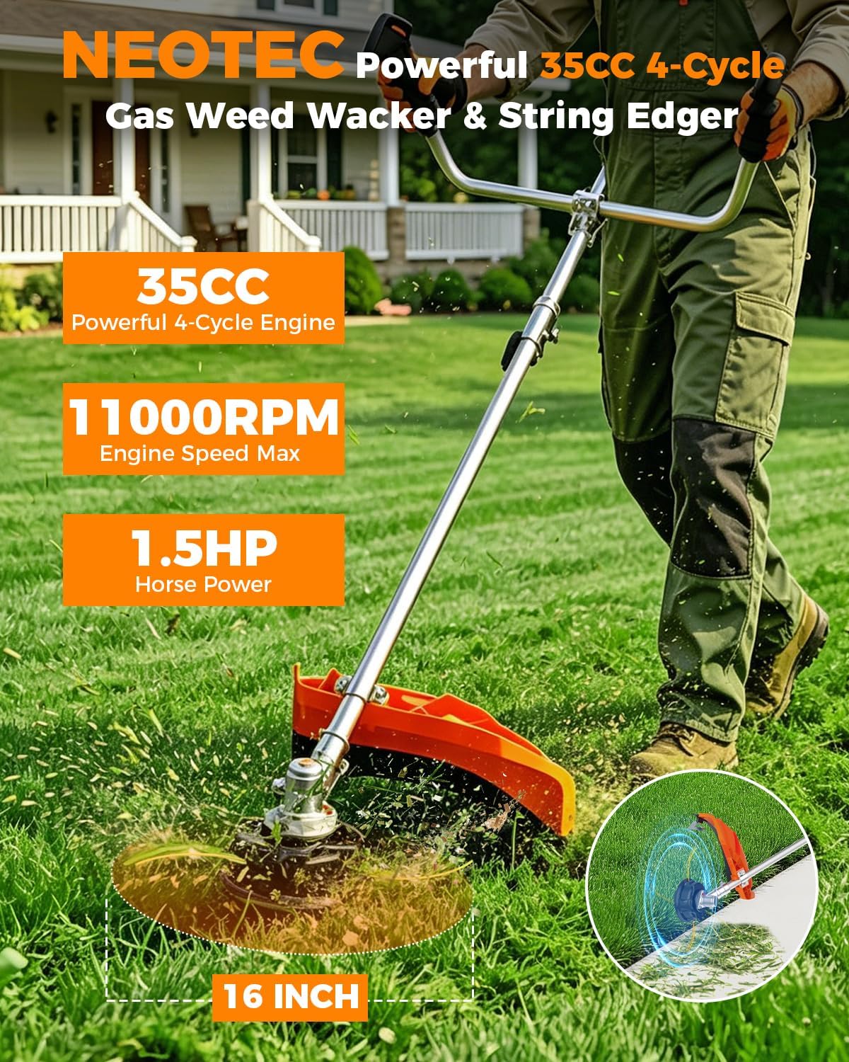 35cc 4-Cycle Gas String Trimmer 4-in-1 Heavy Duty Gas Weed Eater & Weed Wacker 1.5HP Engine with 16" Trimmer & 9"