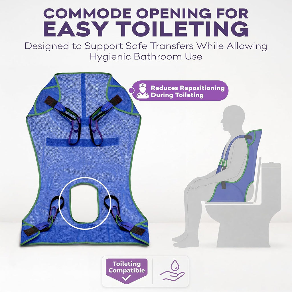 Patient Lift Sling, Full Body Mesh with Commode Opening, 600 lbs Capacity - Transfer Sling for Shower, Toileting