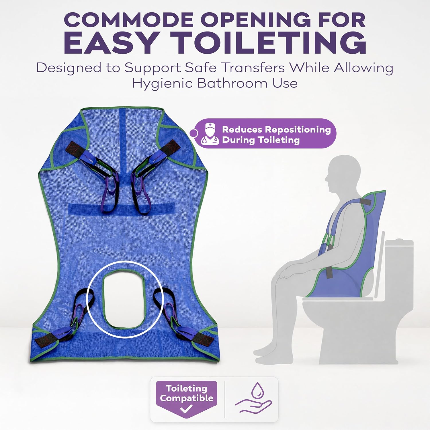 Patient Lift Sling, Full Body Mesh with Commode Opening, 600 lbs Capacity - Transfer Sling for Shower, Toileting