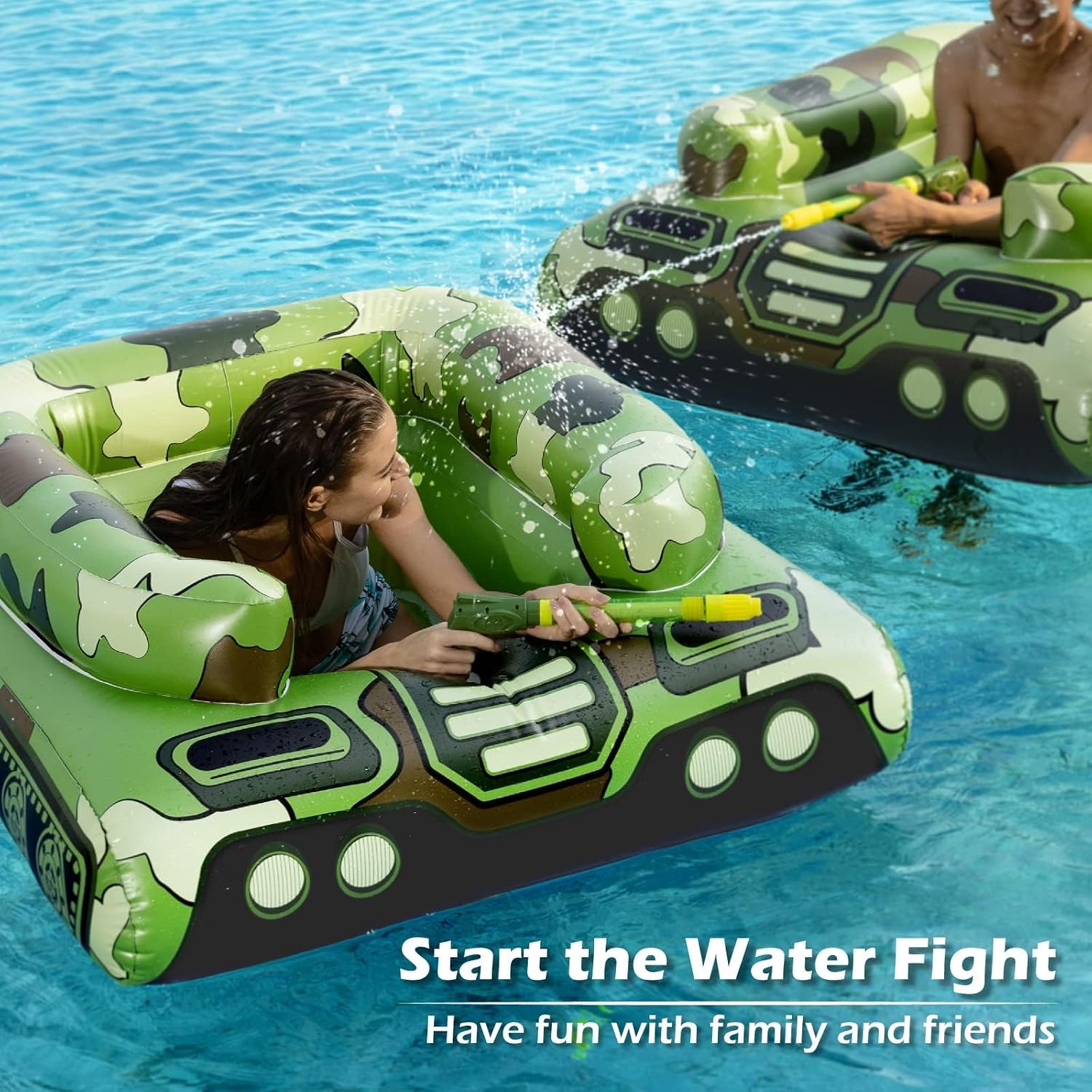 Tank Pool Floats Kids Adults - Jasonwell Inflatable Pool Floaties Swimming Pool Tank with Water Cannon Gun Swim