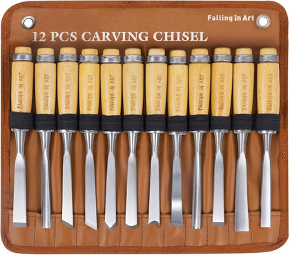 12Pcs Wooden Carving Chisel Set with a Leather Pouch | Woodworking Tools Set , Full Size Knife Gouge Kit for Carving