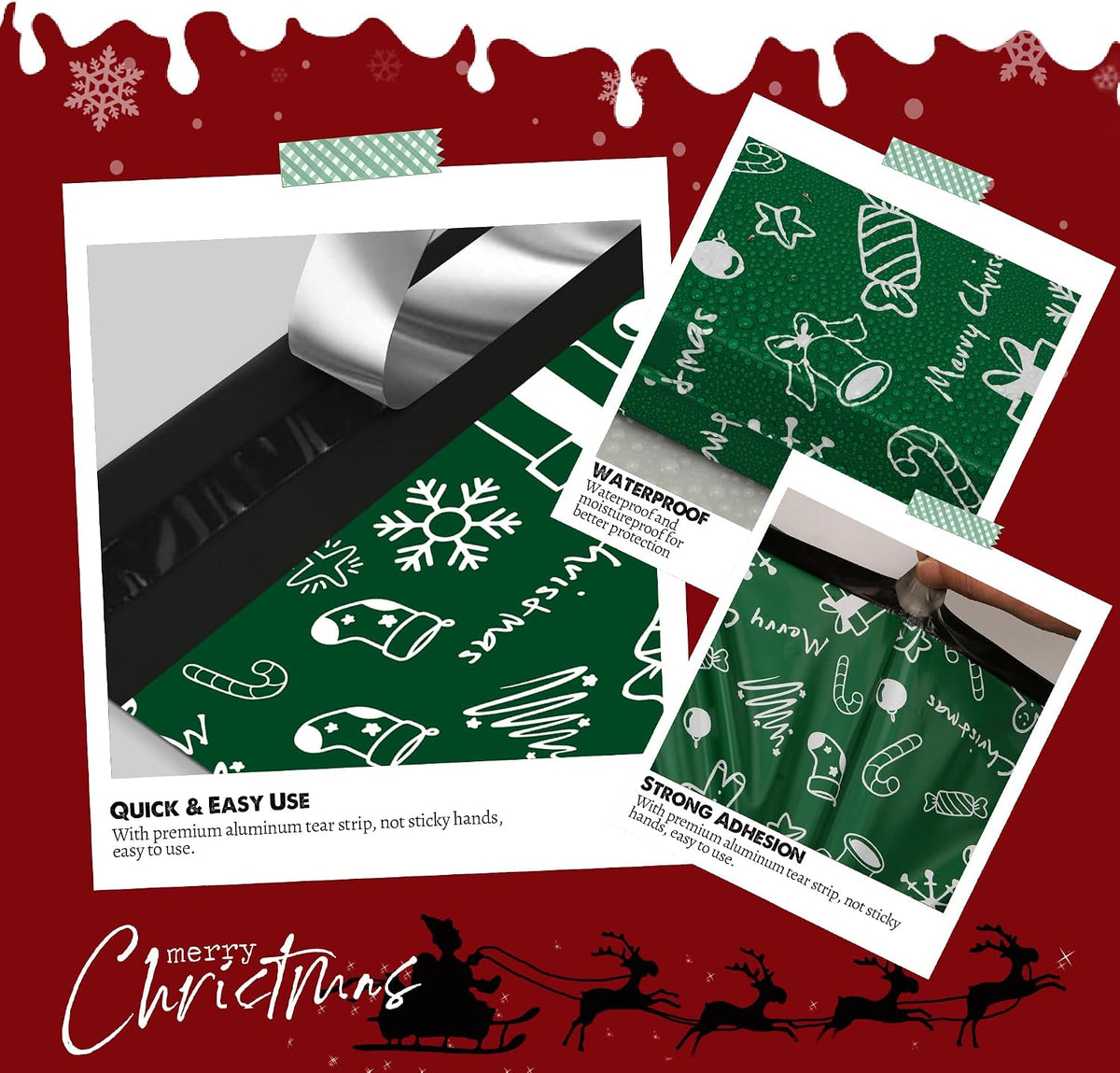 Christmas Poly Mailers 6x9 Inch 100 Pcs, Green Merry Christmas