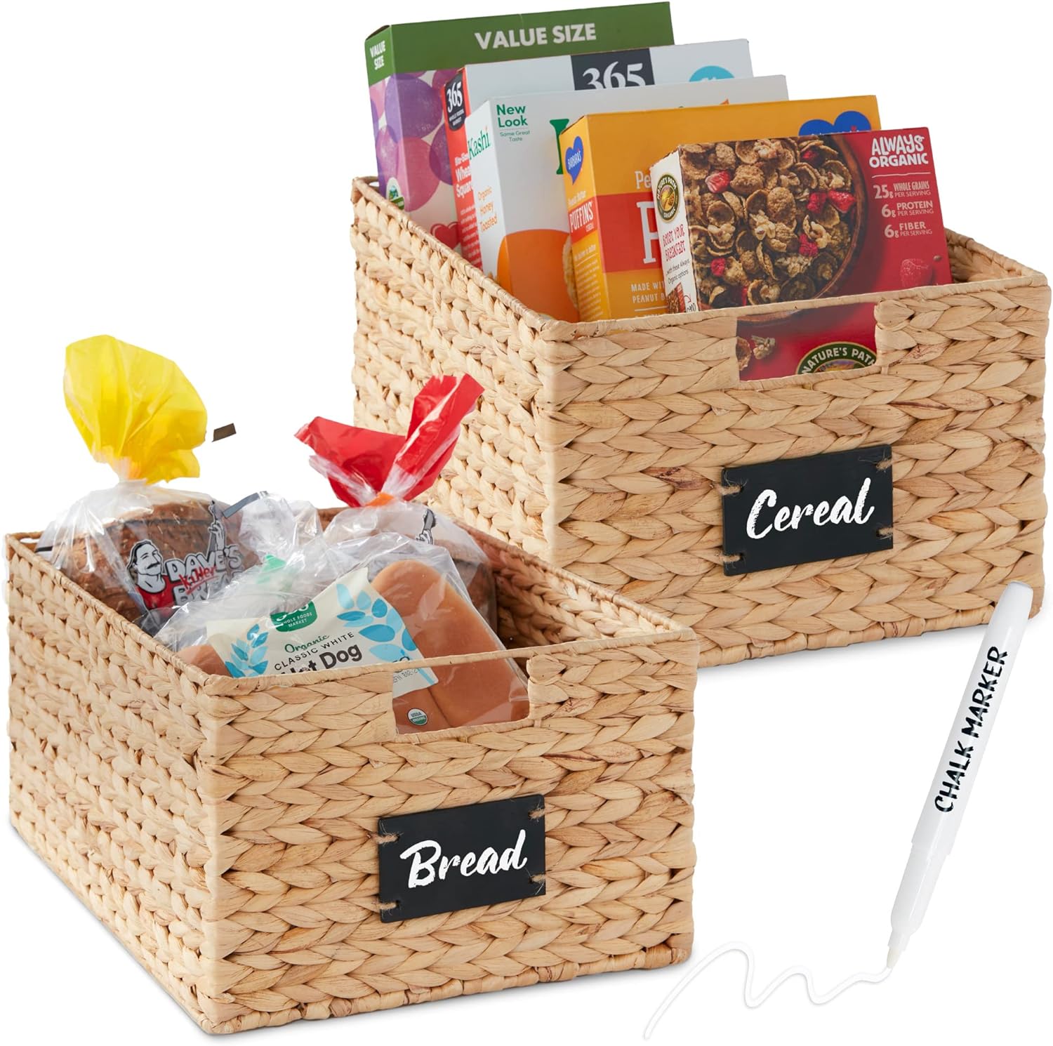 Pantry Baskets Set of 2 16x12in Water Hyacinth Storage Baskets, Woven Wicker Kitchen Organizers with handles