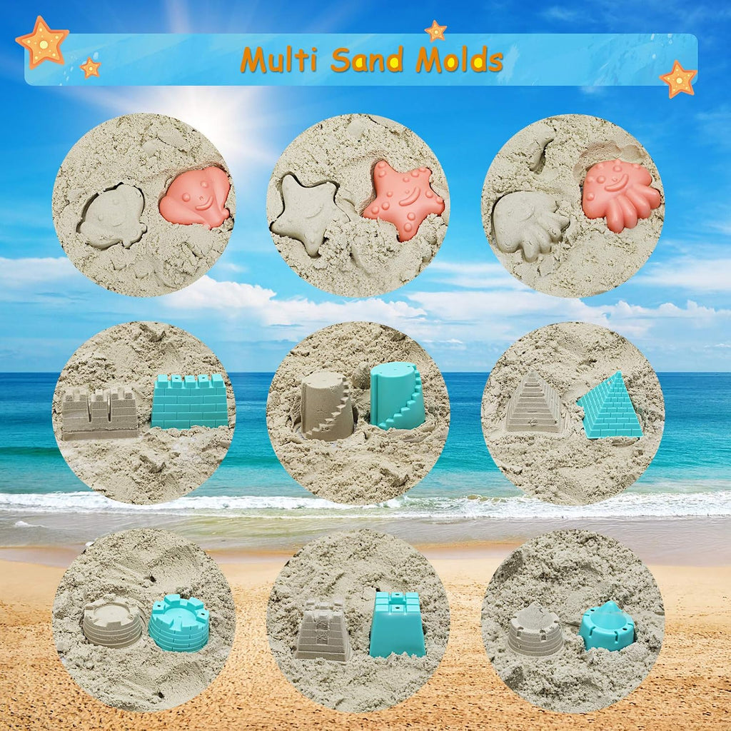 Beach Toys with Collapsible Bucket，Mesh Bag for Kids Ages 3-12 | Sand Castle Building Kit, Decor Flags for Sandbox