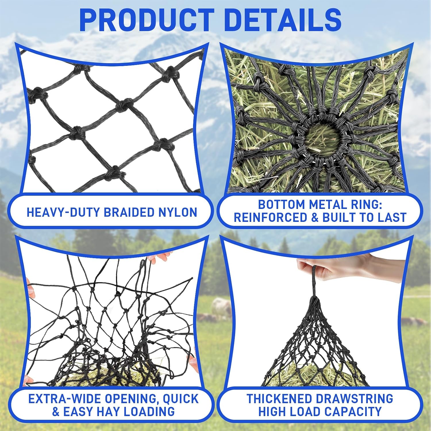 3 Pack Hay Nets for Horses, Slow Feed Hay Bags for Horses Goats with 2.3 Inch Holes, Hanging Hay Feeder for Stable