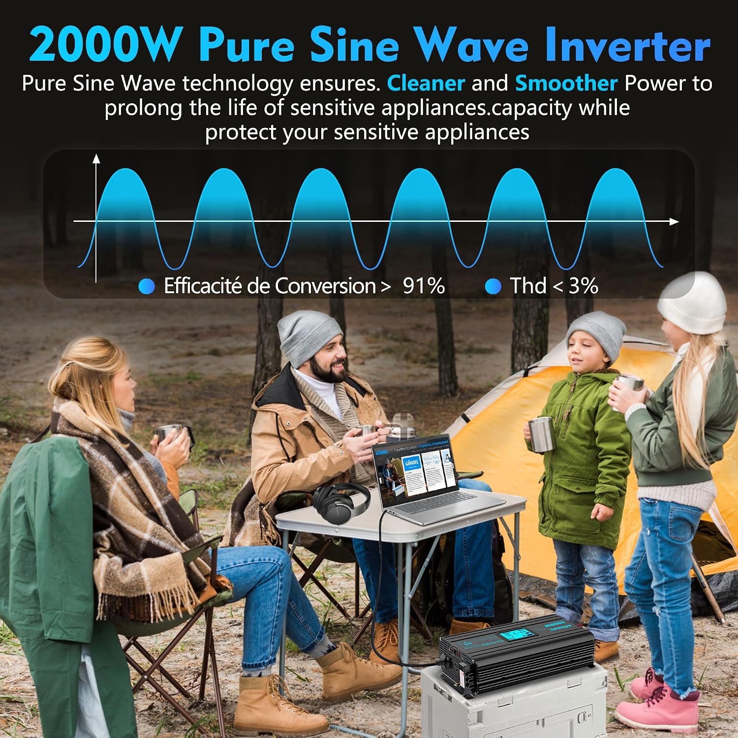 2000 Watt Pure Sine Wave Power Inverter 2000W 12V DC to 120 V AC Lithium Battery Compatible for RVs Off Grid Solar
