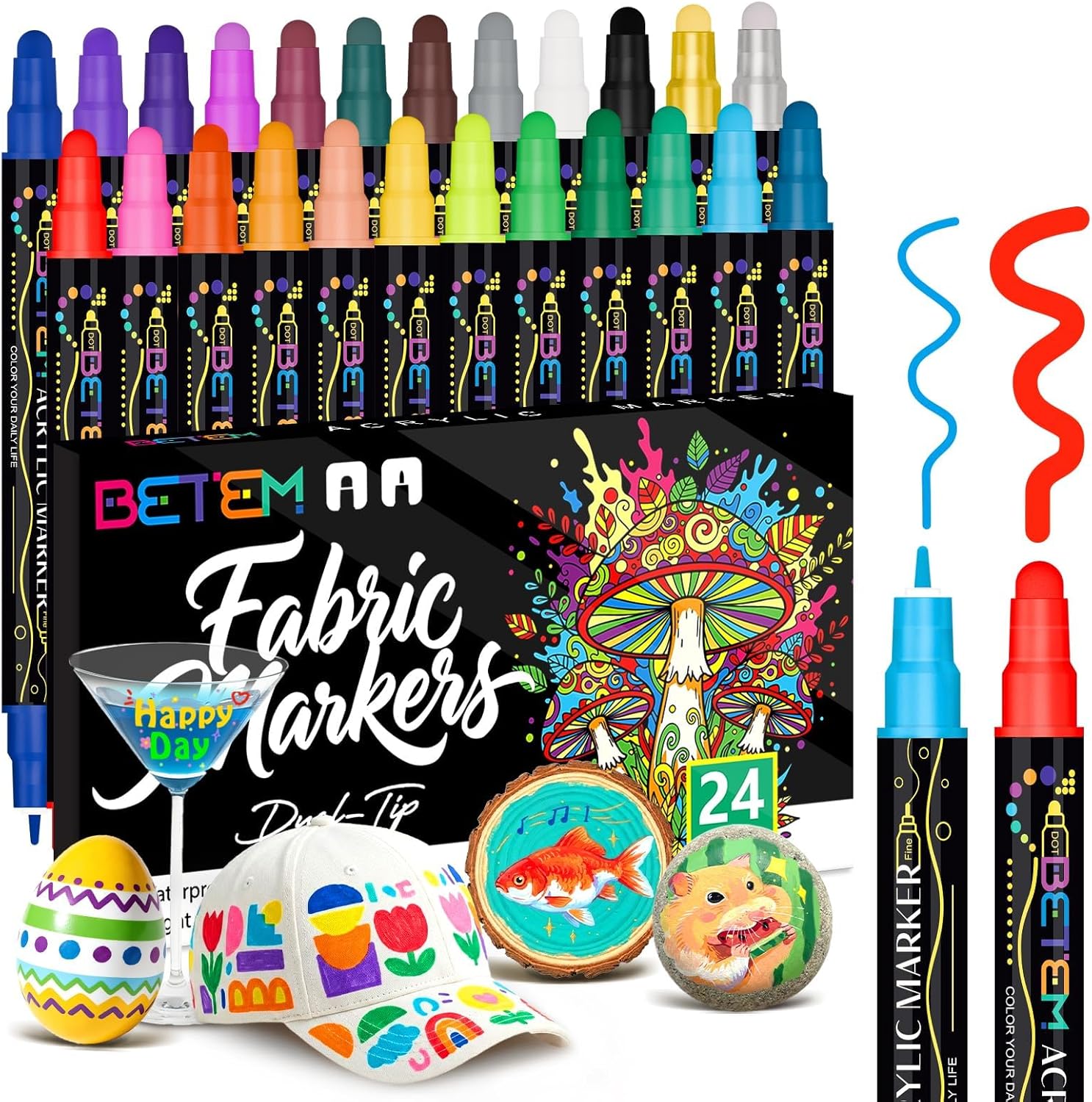 24 Colors Dual Tip Acrylic Paint Markers, Fabric Decorating Kits Premium Water-Based Acrylic Paint Pens Art Supplies