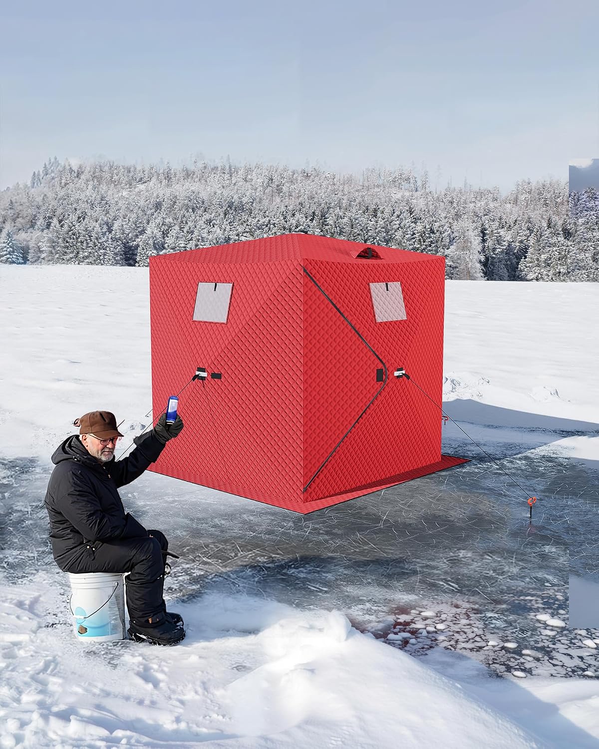 Pop-Up Ice Fishing Tent, 2 Person Portable Hub-Style Insulated Ice Fishing Shelter with Carrying Bag, Zippered Door