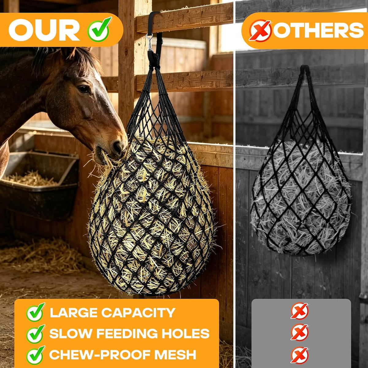 Hay Nets for Horses & Goats, 6 Pack Slow Feed Hay Bags, 3-4 Flakes