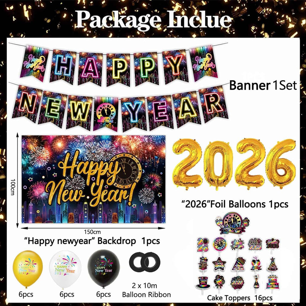 Neon Happy New Years Eve Party Decorations Supplies 2026 - Rainbow NYE Decorations Backdrop Banner, 2026 Foil