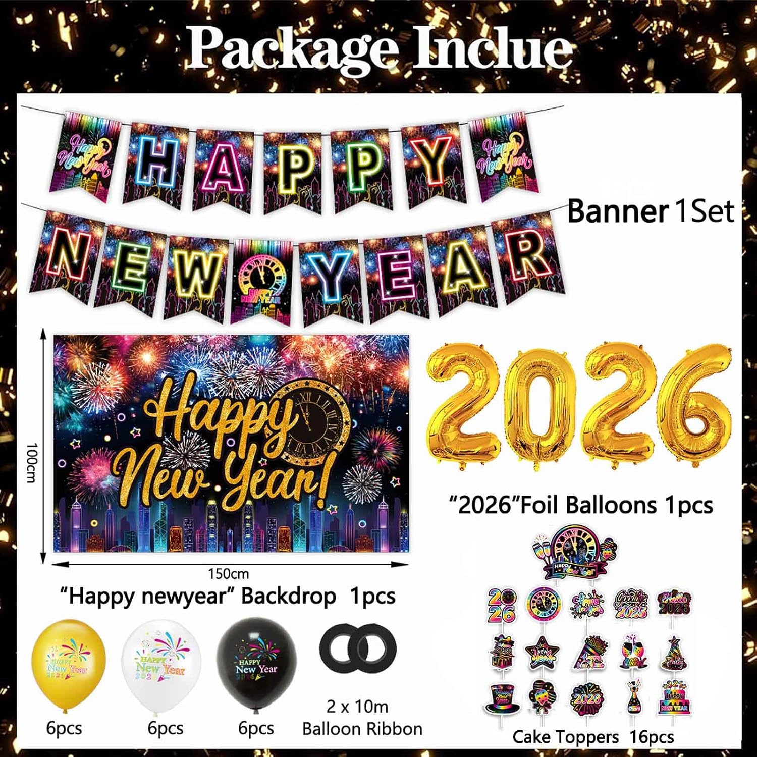 Neon Happy New Years Eve Party Decorations Supplies 2026 - Rainbow NYE Decorations Backdrop Banner, 2026 Foil