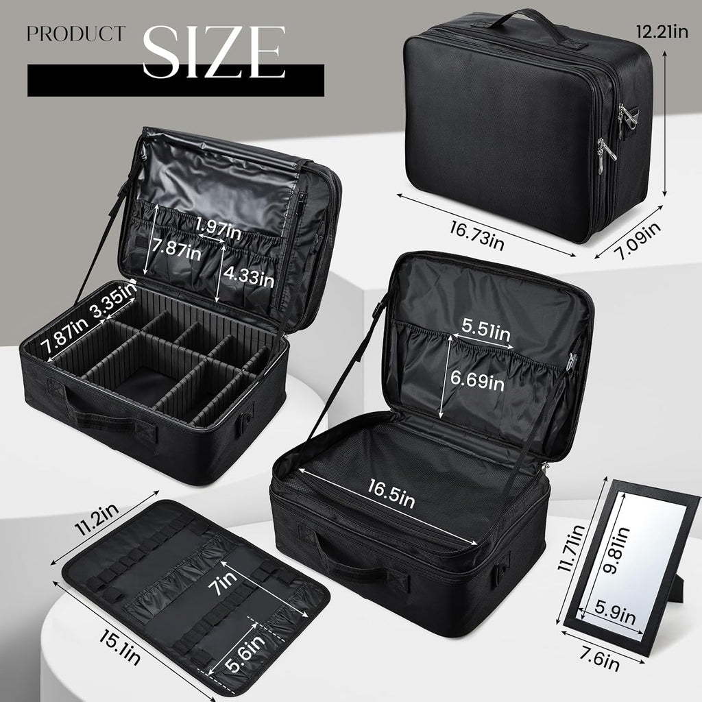 Large Makeup Bag, 3 Layers 17” Makeup Case Organizer with Mirror Professional Cosmetic Storage Backpack Box Travel