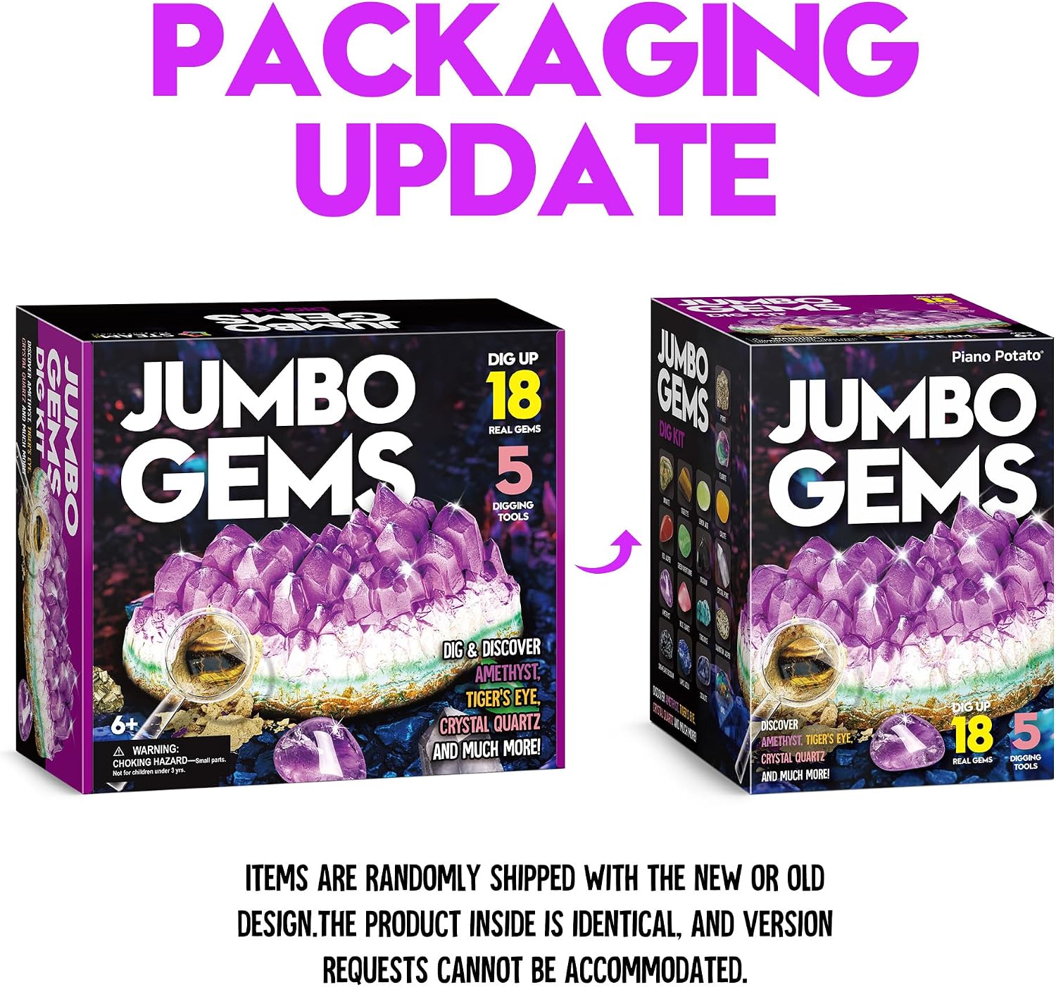 Piano Potato Jumbo Gemstone Dig Kit, 18 Real Crystals & Gems, STEM Toy 6+ | Amethyst Gem Dig Block, 5 Tools &