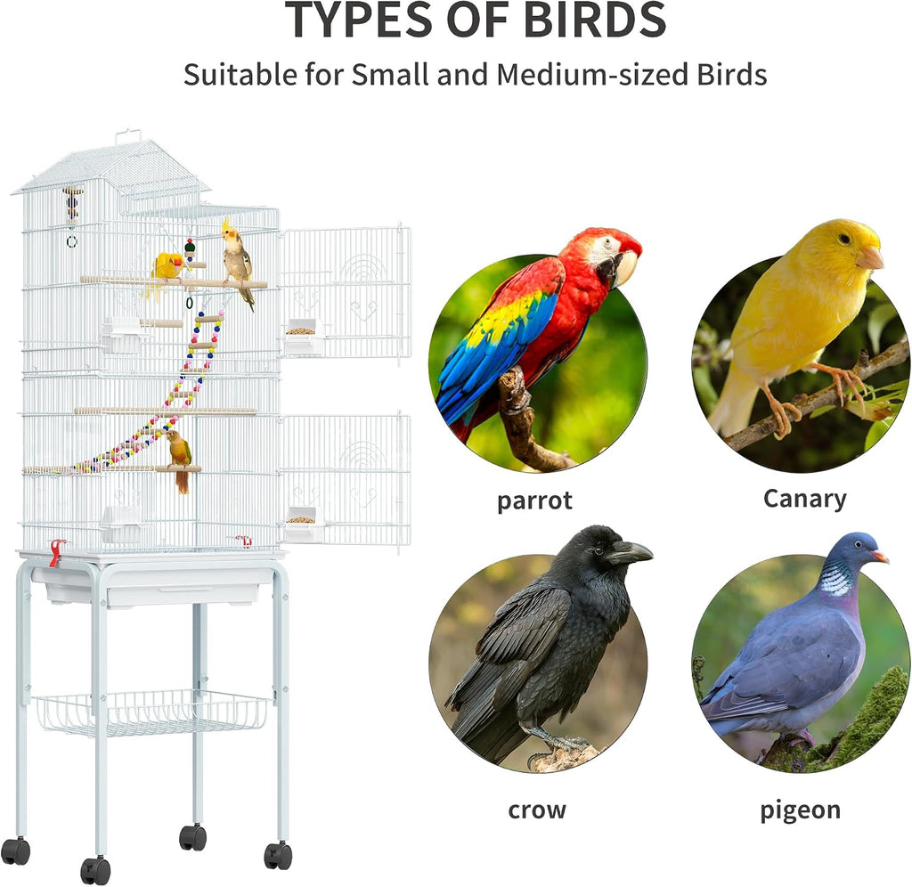 62 inch Metal Bird Cage, Large Parakeet Cages | Bird Cage for Parrot, Cockatiel, Lovebird, Pigeon with Roof Top