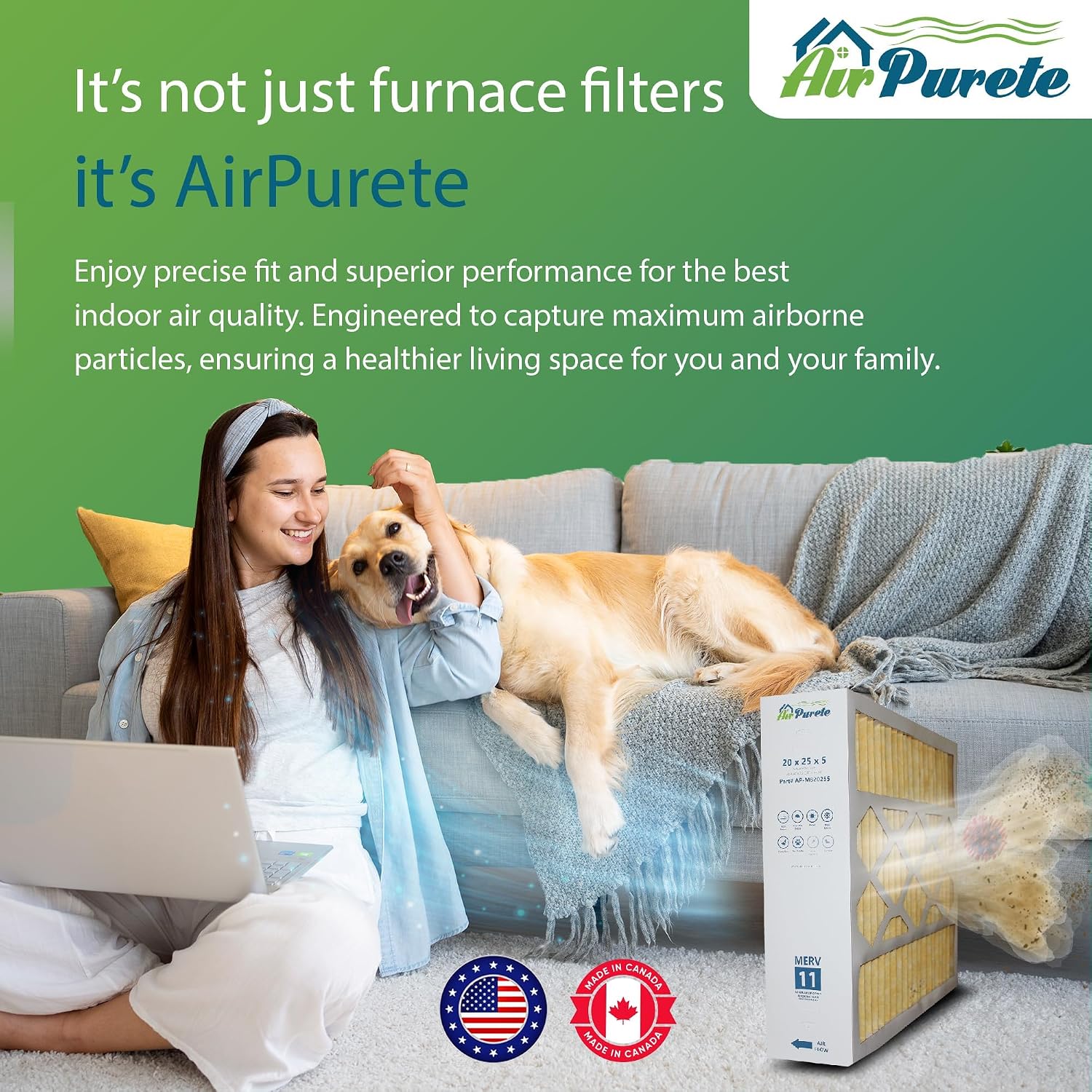 20x25x5 MERV 11 Air Filter, Replacement for M8-1056, Pleated HVAC AC Furnace Filters for Goodman, Amana, Five Seasons