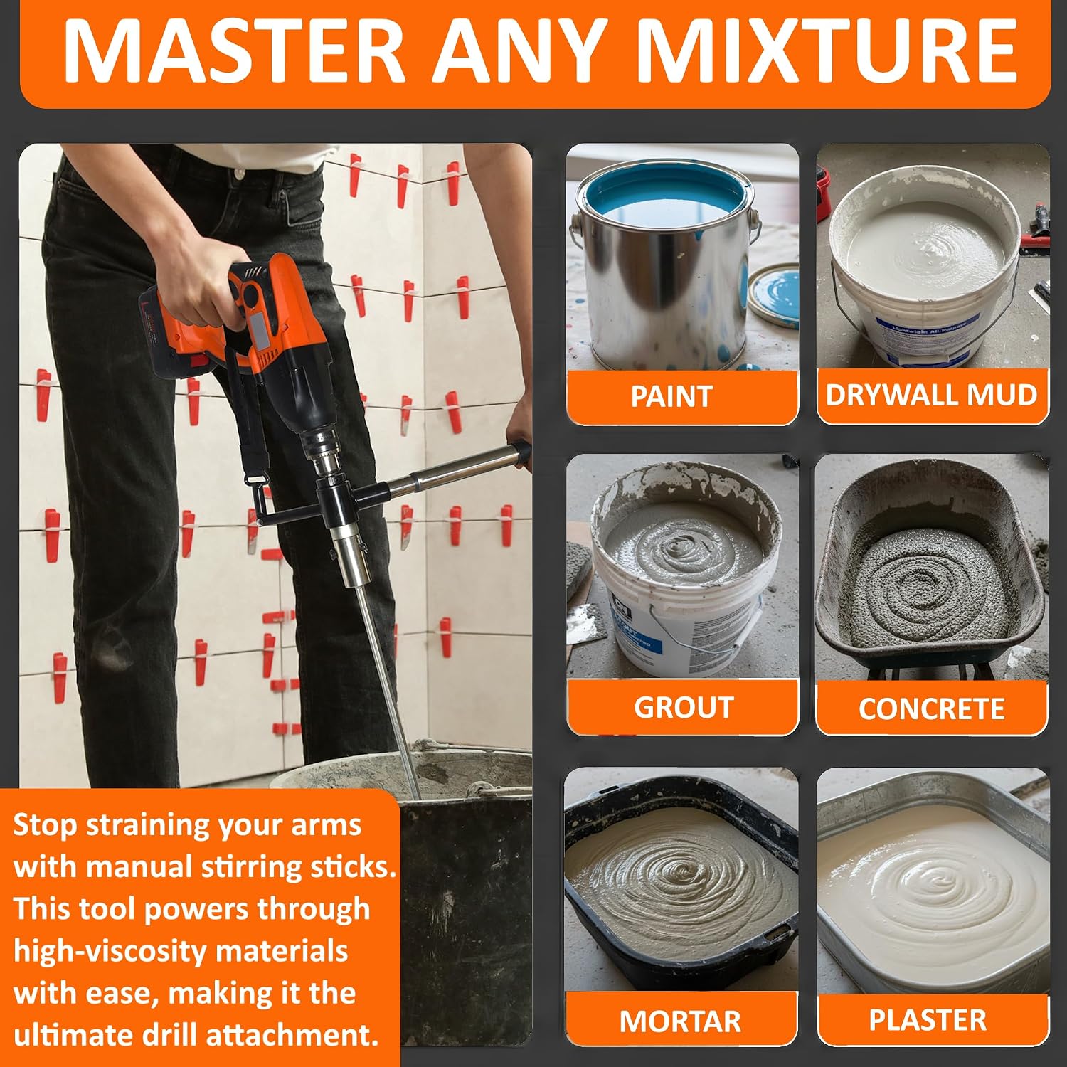Cement & Concrete Mixer Drill Attachment - Heavy Duty Steel Mixing Paddle for Mortar, Grout, and Stucco - Spiral