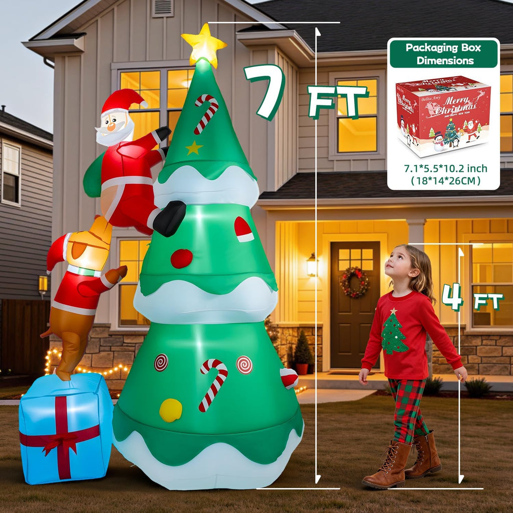7 FT Inflatable Christmas Tree Built-in Bright LED Lights, Dog Bites Santa Claus Funny Xmas Decor, Blow UP Outdoor