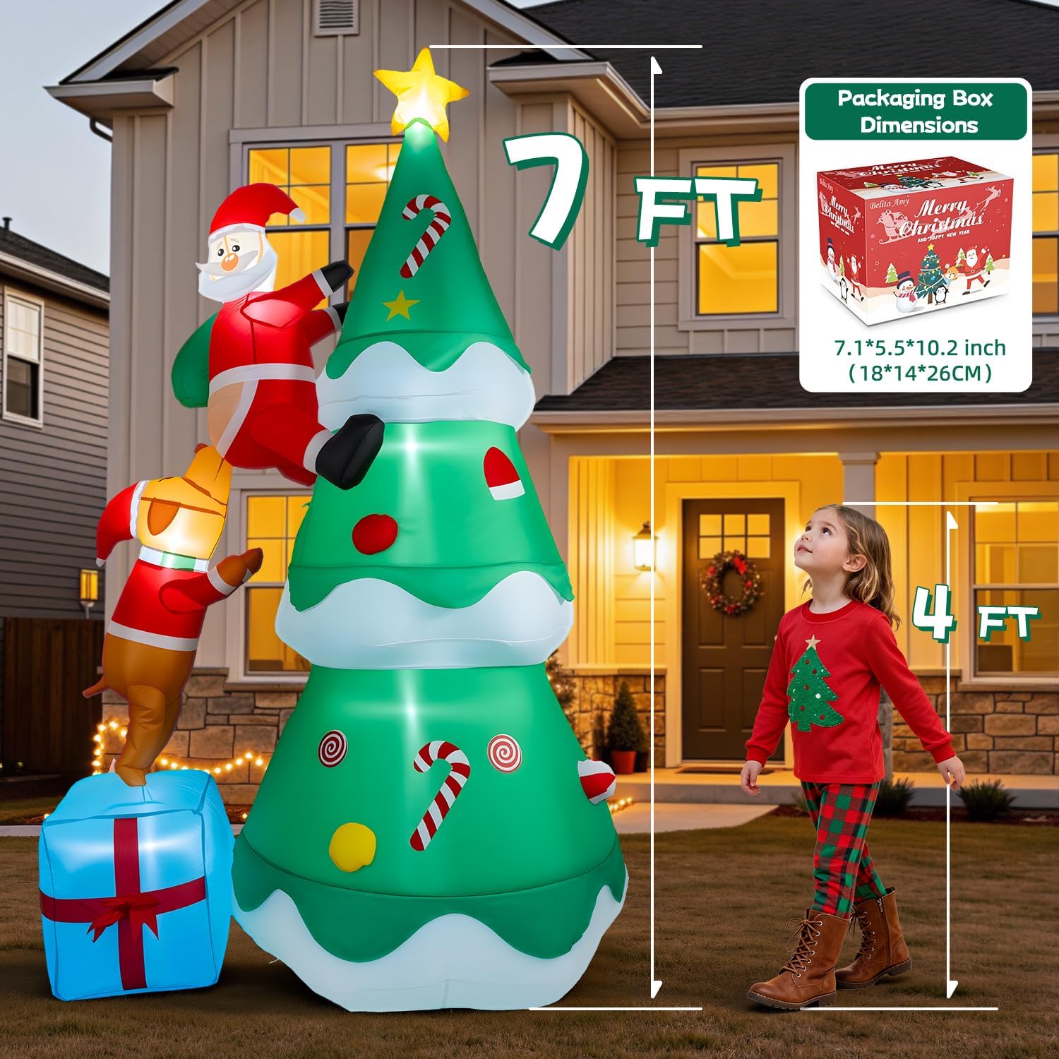 7 FT Inflatable Christmas Tree Built-in Bright LED Lights, Dog Bites Santa Claus Funny Xmas Decor, Blow UP Outdoor