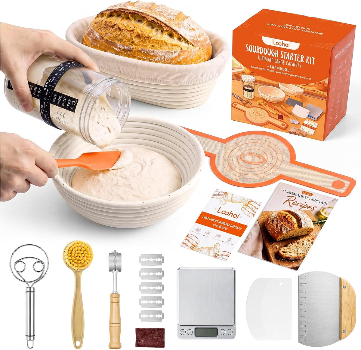 Sourdough Starter Kit with Scale,10" Round and 10" Oval Bread Basket