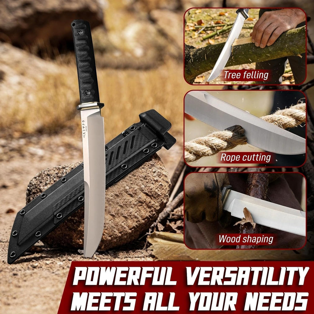 Japanese Fixed Blade Knife with Sheath, Heavy Duty Machete Knife | D2 Steel Survival Knife with 6mm Thick Spine for