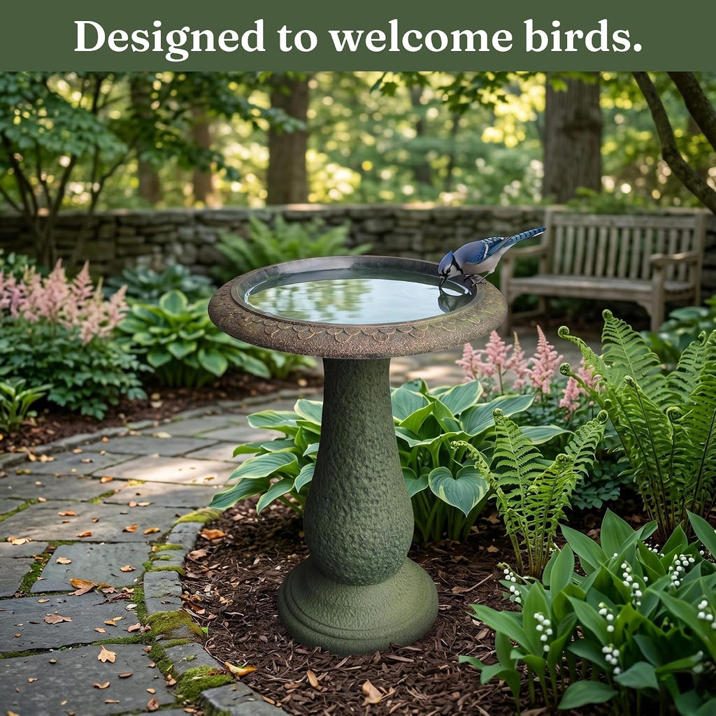 Pedestal Birdbath with Solar Fountain, Resin Stone Composite Outdoor Garden Decor, Standing Bird Bath for Outside