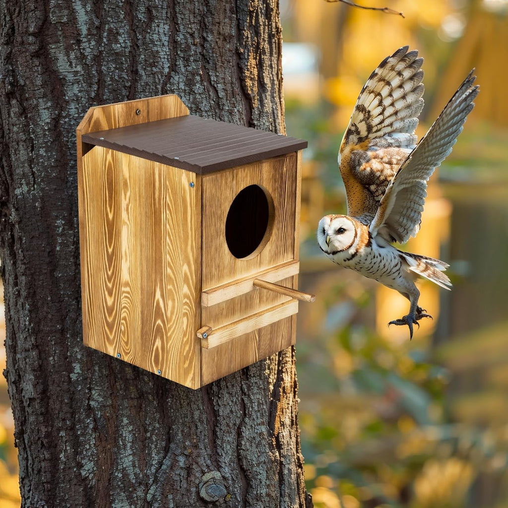 9'' x 14.5'' Owl House for Outdoor, Screech Owl House, Bird Box Large Handmade Wooden Circular Opening Screech Box