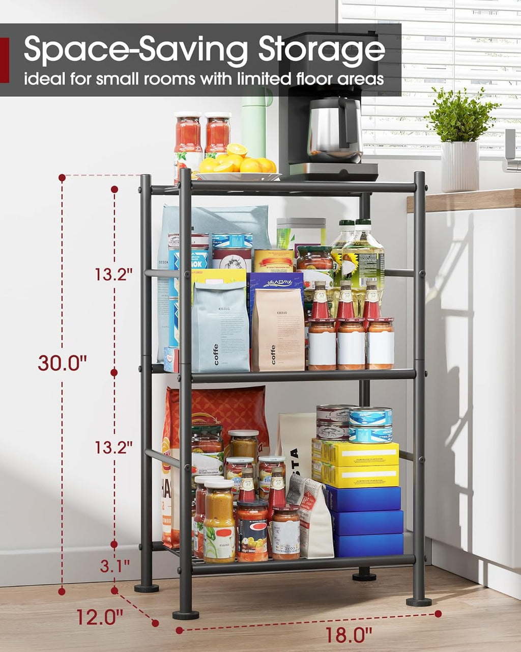 Storage Shelves - 3 Tier Shelf Organizer, Sturdy Metal Garage Shelving with Adjustable Leveling Feet, Space-Saving