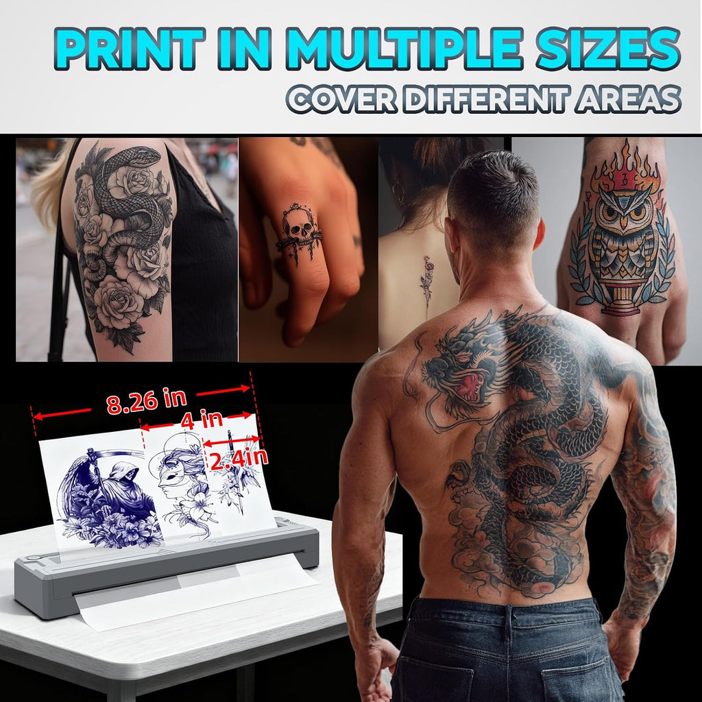 New Tattoo Stencil Printer - Wireless Bluetooth Thermal Kit with 10 Transfer Papers, Fits Custom-Size A4-A8 Width