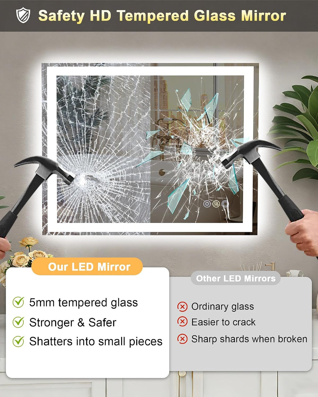 24x30 LED Bathroom Mirror, 6000LM, Separate Front and Back Lights | UL Certified,Shatter-Resistant Tempered