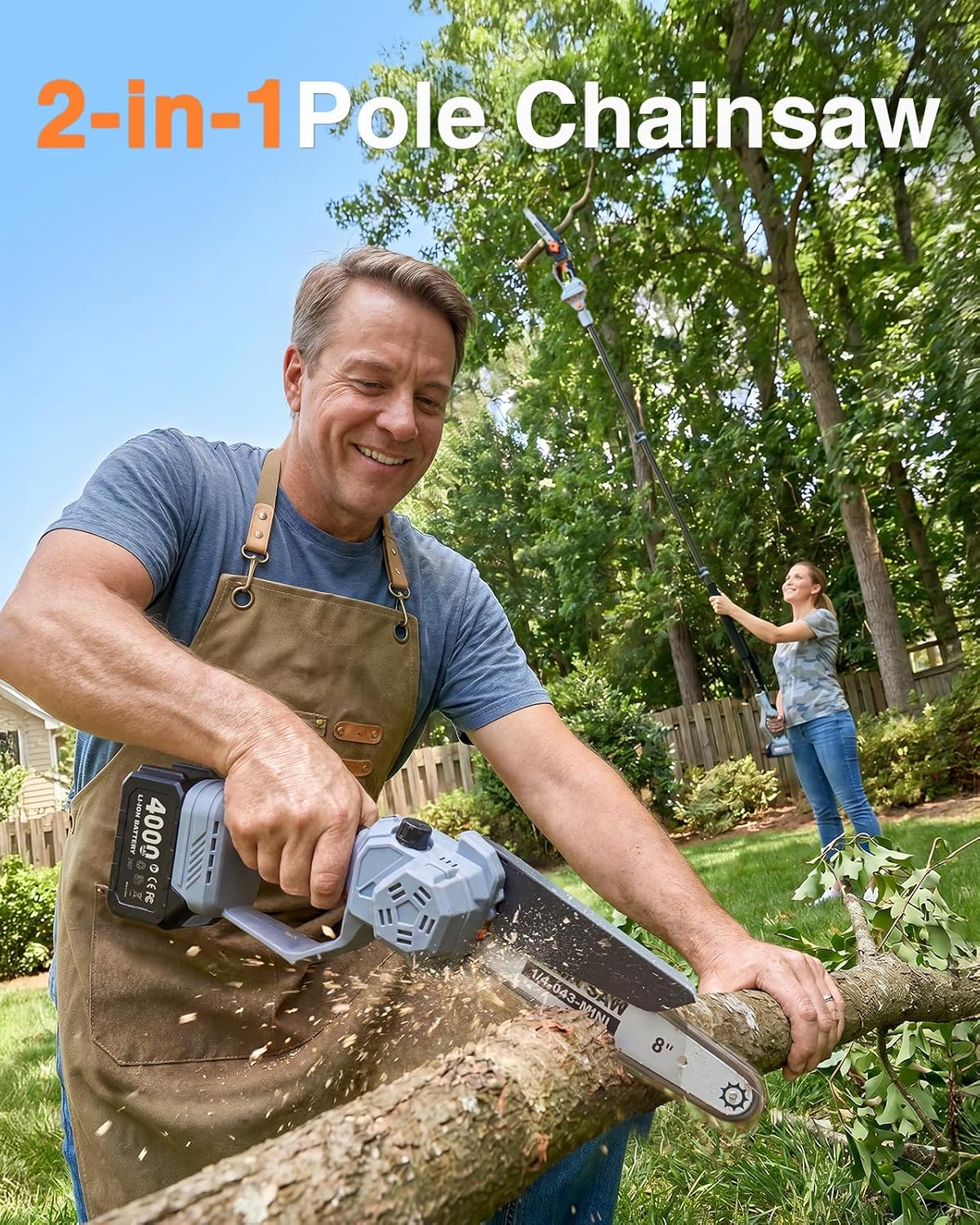 2-in-1 Pole Saw for Tree Trimming, 8-Inch Cordless Brushless Chainsaw with Adjustable Extension Pole, 2×4.0Ah